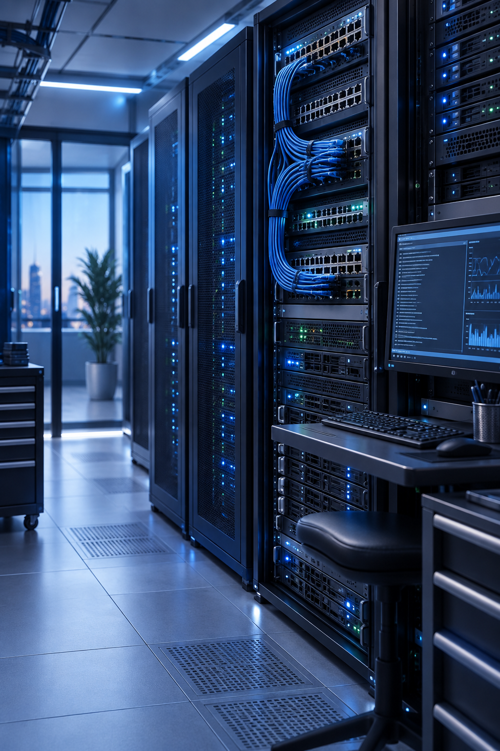 Baies de serveurs et équipements réseau dans une salle informatique